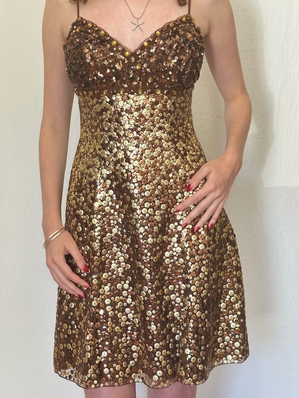 Jovani Brown and Gold Sequin Mini Dress